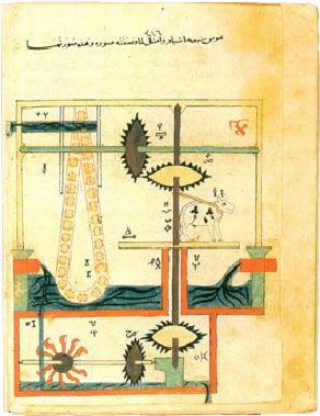 A complicated drawing involving two levels of water, a cow, and several gears.