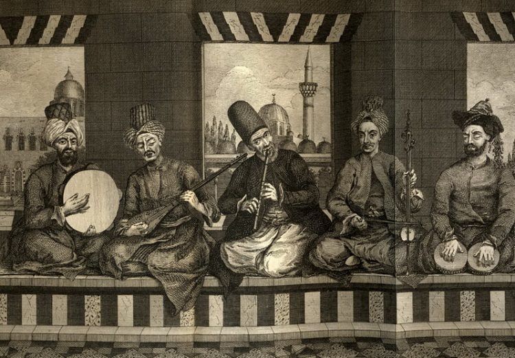 A drawing of five sitting musicians playing various instruments.