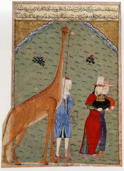 A colored drawing of three men with gifts, including a giraffe.