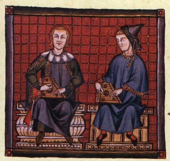 A colored drawing of two men playing zithers while sitting.