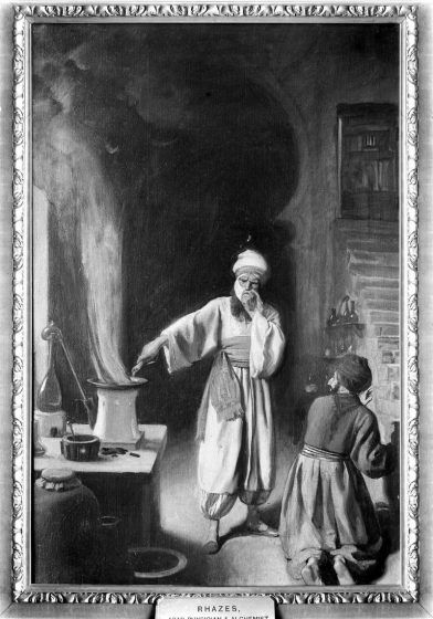 al-Razi covering his face with a cloth over a steaming/smoking pan while another man looks on.