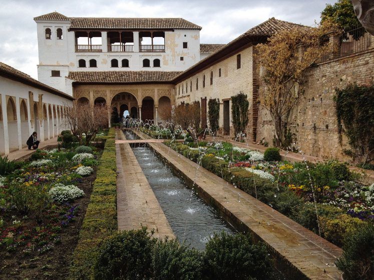 A garden with a water feaure runs through the courtyard of a building.