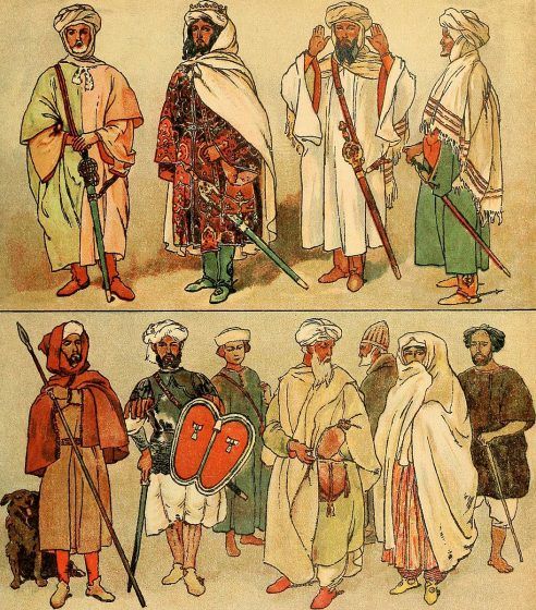 Several peope wearing a variety of clothes, in order to depict the standard garments of social classes.