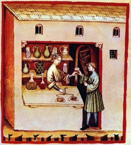 An illustration of a pharmacist handing a man a cup from behind his counter.