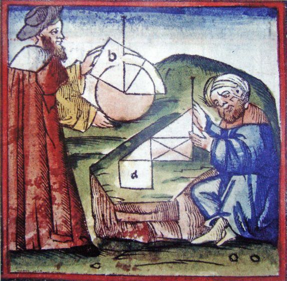 A colored illustration of two men with geometic figues.