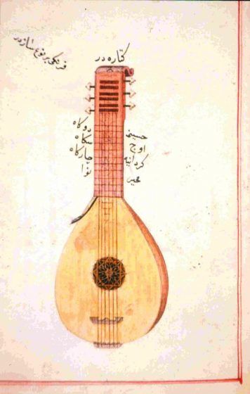 An arabic notated drawing of the musical predecessor to the modern-day guitar.