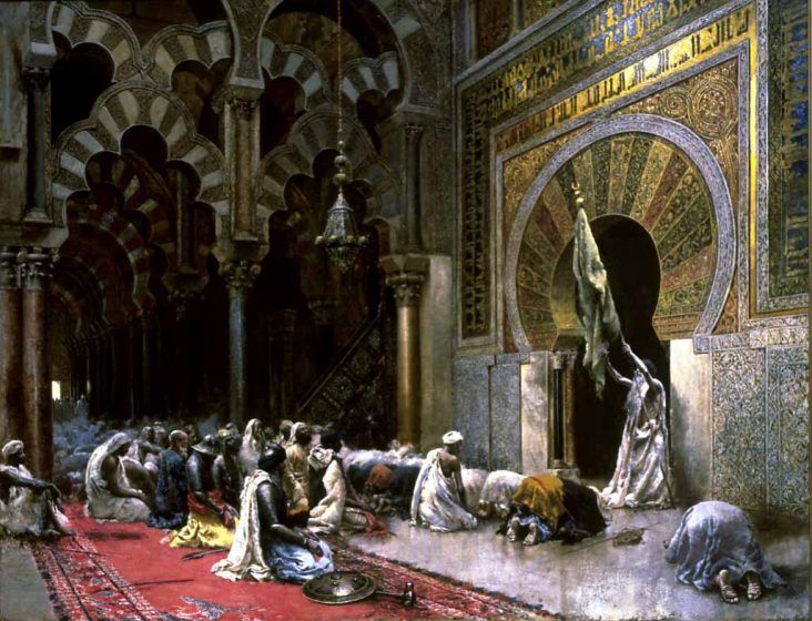 A painting of a service in the Great Mosque of Cordoba. 