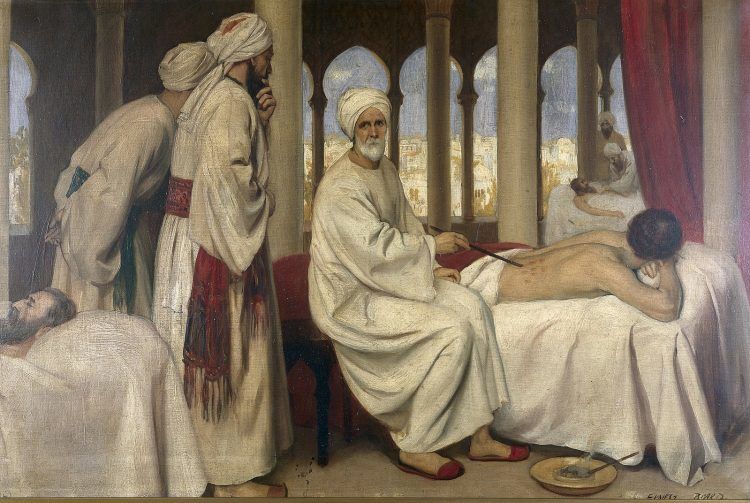 A sitting Andalusian physician blistering a patient.