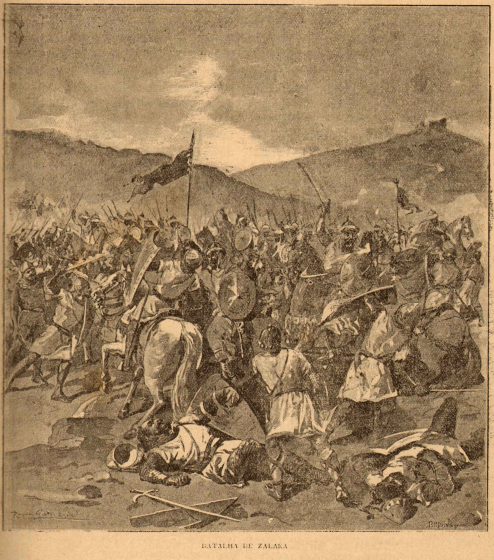 An illustration showing a battle between Muslim and Christian forces.