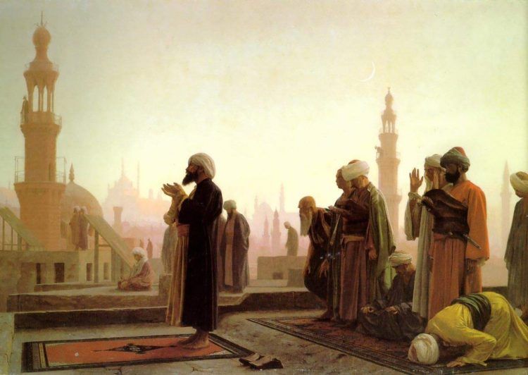 A painting of muslims praying in Cairo. Daily prayer is a core part of the shared beliefs of Judaism, Christianity, and Islam.