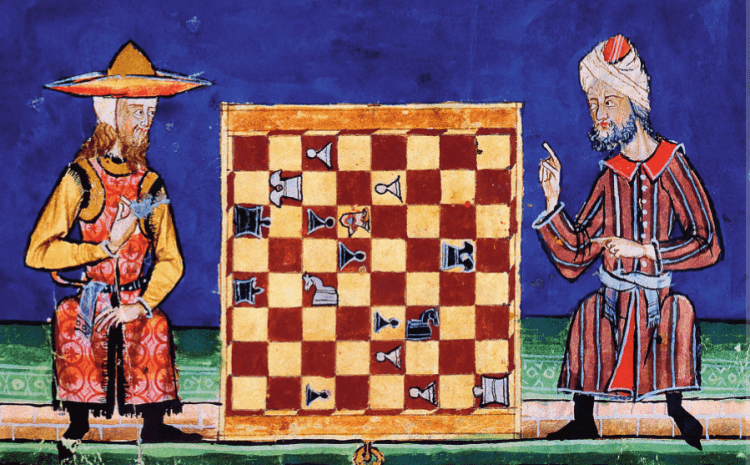 A colored drawing of a Jew and a Muslim playing chess in 13th century al-Andalus.