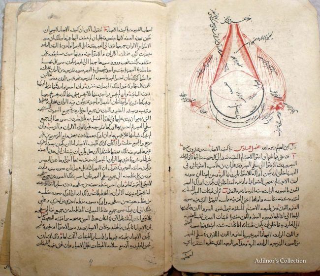 An open book with black arabic text on the left side and an detailed illustration of an eye on the other side.