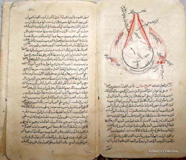 An open book with black arabic text on the left side and an detailed illustration of an eye on the other side.
