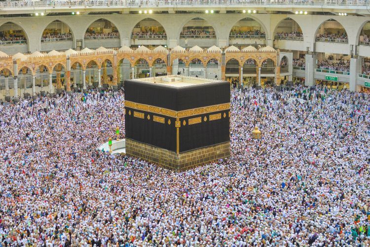 A picture of Muslims performing Hajj around the Kaaba in Mecca.