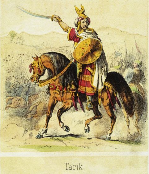 A painting of Tariq ibn Ziyad on a horse, with his army in the background.