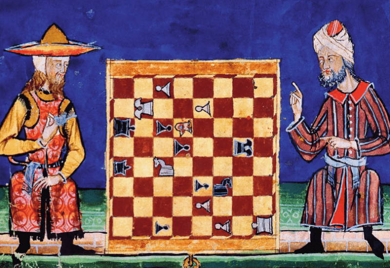 A colored drawing of a Jew and a Muslim playing chess in 13th century al-Andalus.